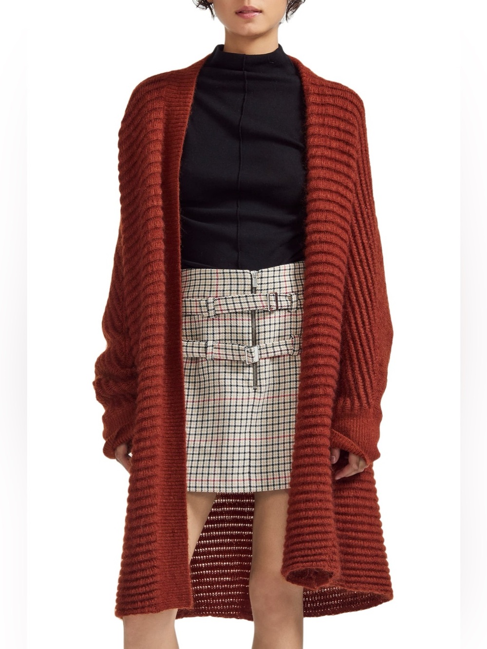 Maje Maurizio Cardigan Rust Open-Front Ribbed Longline Cardigan Sweater luxury